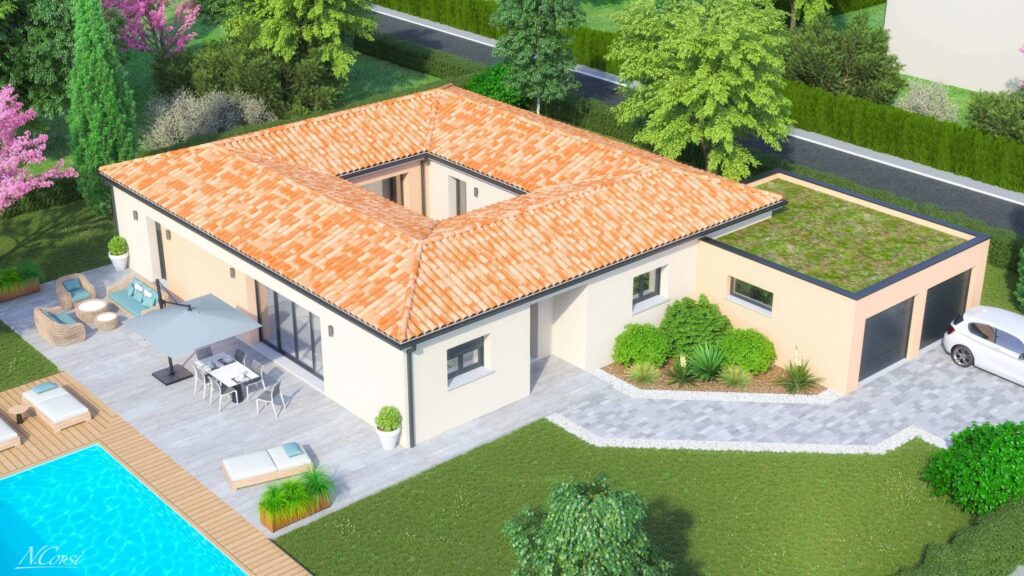 plan 3D maison 100 m2 plain pied
