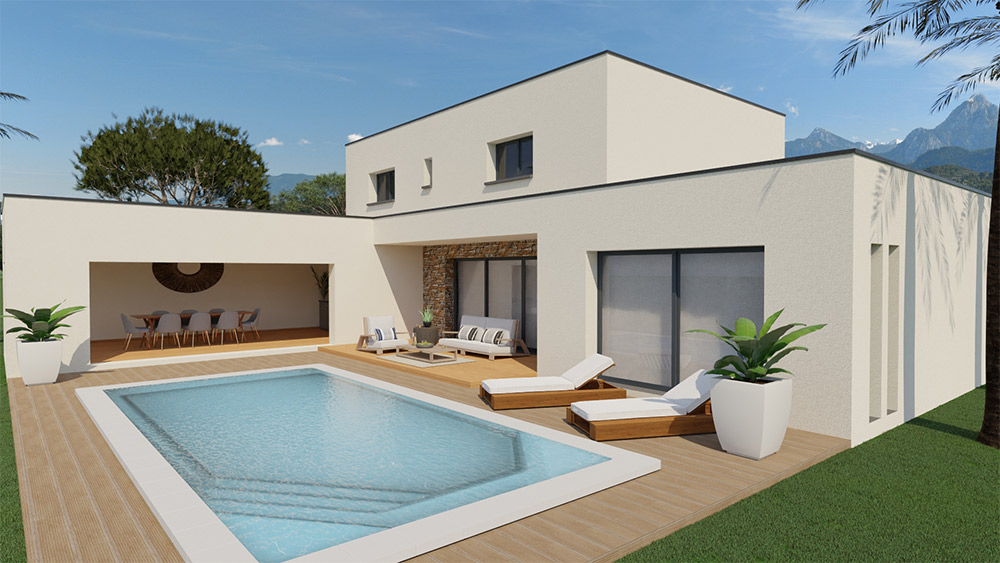 plan 3D maison avec piscine