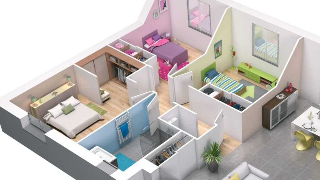 plan 3D maison plain pied