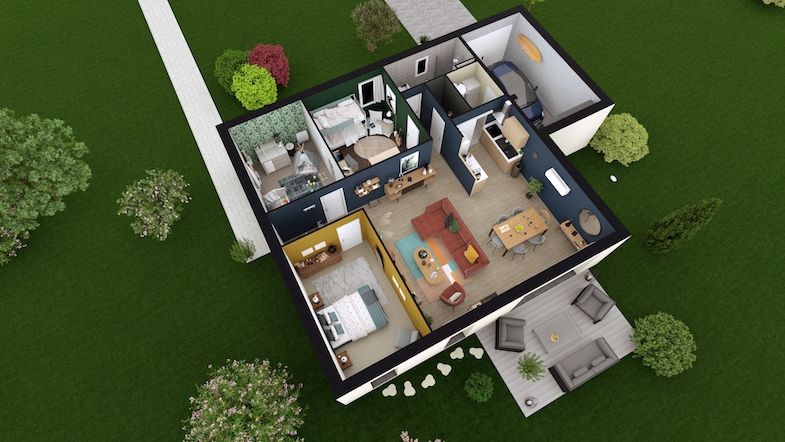plan 3D maison plain pied 90m2