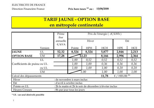 note de calcul tarif jaune