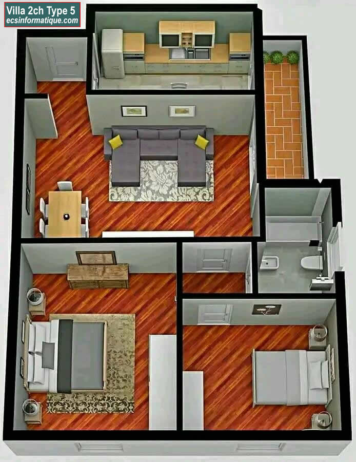 plan 3D maison 2 chambres