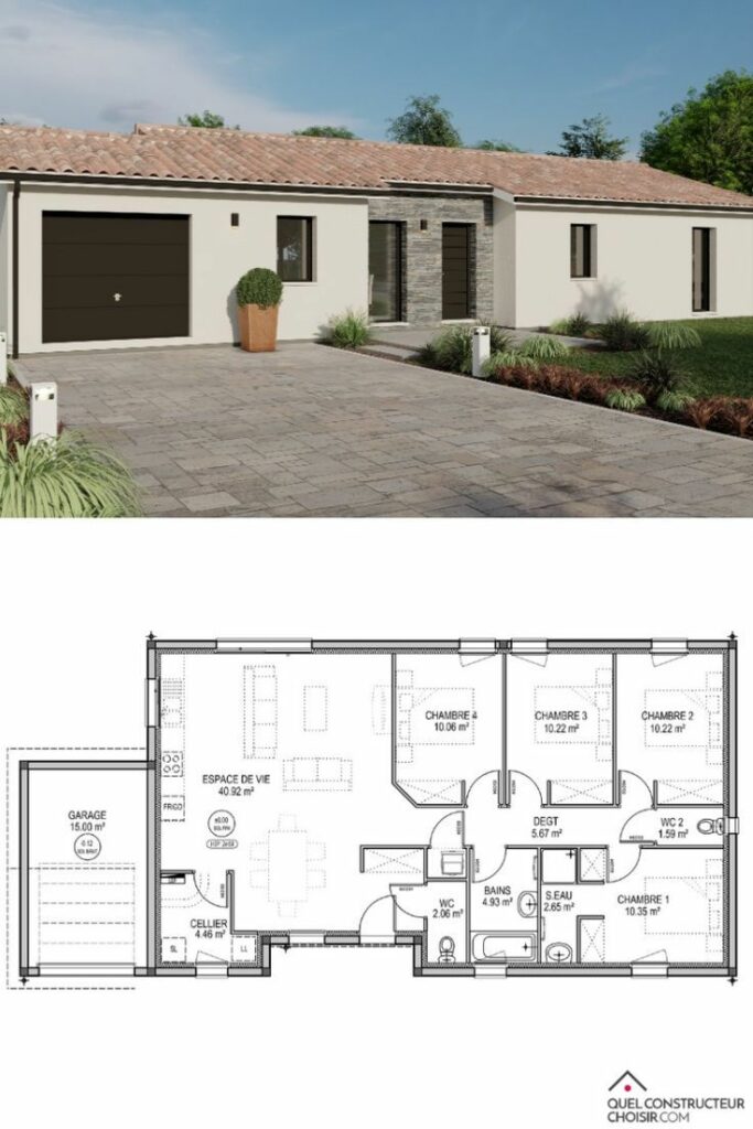 plan 3D maison plain pied 4 chambres